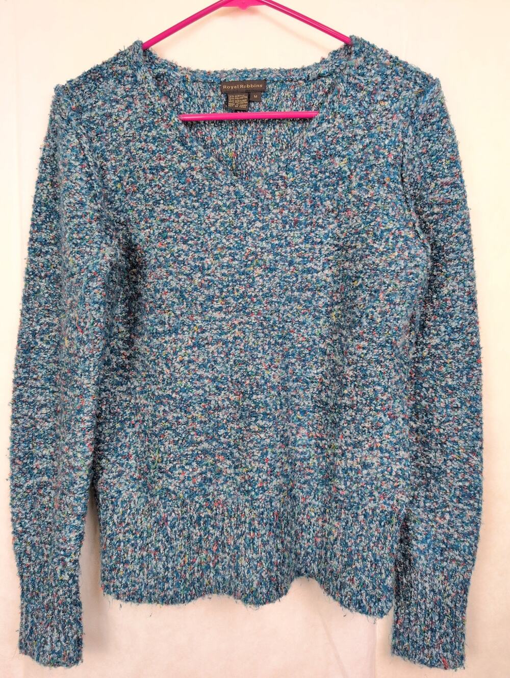 Royal Robbins Confetti Fuzzy Knit V-Neck Pullover Sweater Size Med Blue Retro